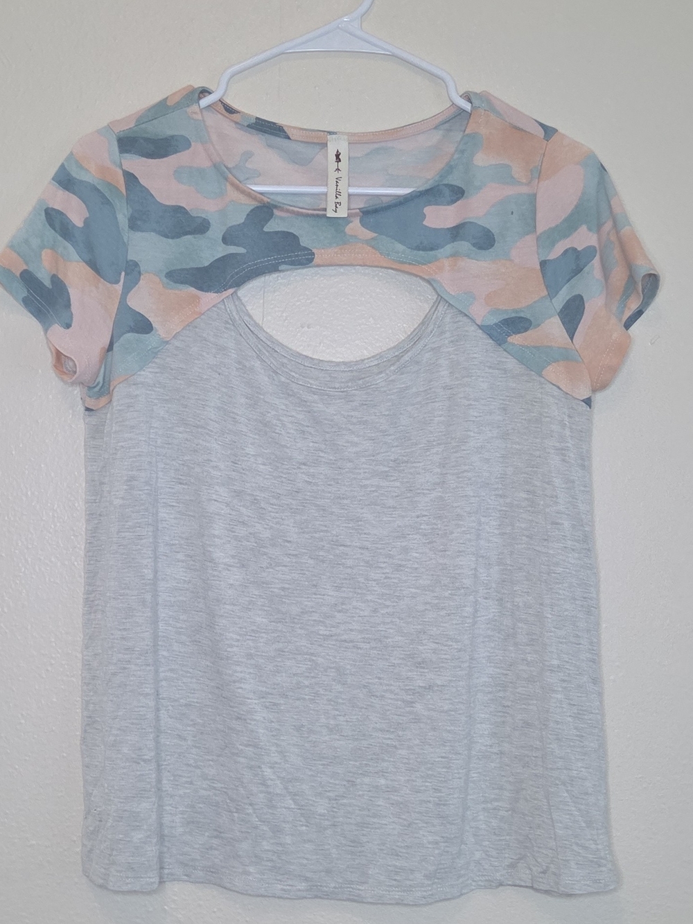 Vanilla Bay Heather Gray Tee with Pastel Camo Yoke and Cutout